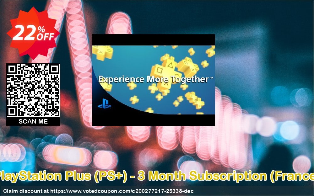 PS Plus, PS+ - 3 Month Subscription, France  Coupon, discount PlayStation Plus (PS+) - 3 Month Subscription (France) Deal. Promotion: PlayStation Plus (PS+) - 3 Month Subscription (France) Exclusive offer 