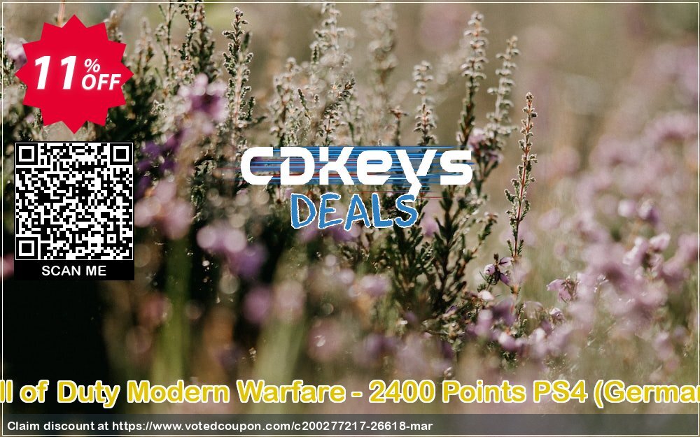 Call of Duty Modern Warfare - 2400 Points PS4, Germany  Coupon, discount Call of Duty Modern Warfare - 2400 Points PS4 (Germany) Deal. Promotion: Call of Duty Modern Warfare - 2400 Points PS4 (Germany) Exclusive Easter Sale offer 