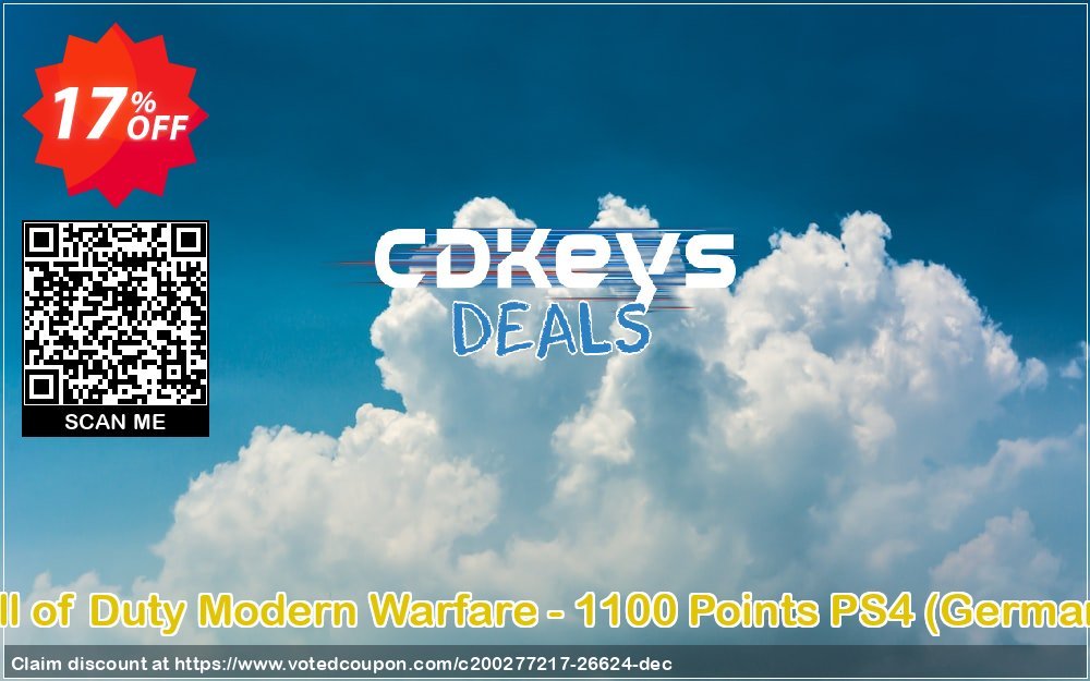 Call of Duty Modern Warfare - 1100 Points PS4, Germany  Coupon, discount Call of Duty Modern Warfare - 1100 Points PS4 (Germany) Deal. Promotion: Call of Duty Modern Warfare - 1100 Points PS4 (Germany) Exclusive Easter Sale offer 