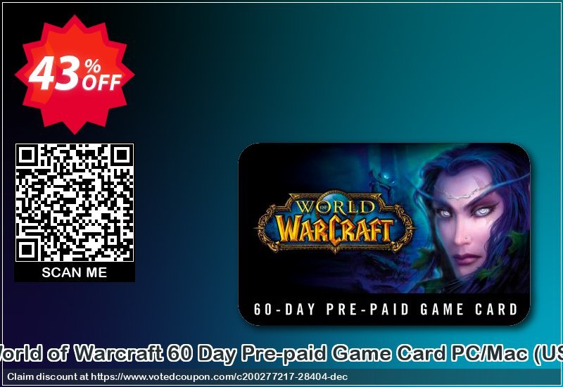 World of Warcraft 60 Day Pre-paid Game Card PC/MAC, US  Coupon, discount World of Warcraft 60 Day Pre-paid Game Card PC/Mac (US) Deal. Promotion: World of Warcraft 60 Day Pre-paid Game Card PC/Mac (US) Exclusive Easter Sale offer 
