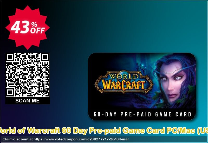 World of Warcraft 60 Day Pre-paid Game Card PC/MAC, US  Coupon, discount World of Warcraft 60 Day Pre-paid Game Card PC/Mac (US) Deal. Promotion: World of Warcraft 60 Day Pre-paid Game Card PC/Mac (US) Exclusive Easter Sale offer 