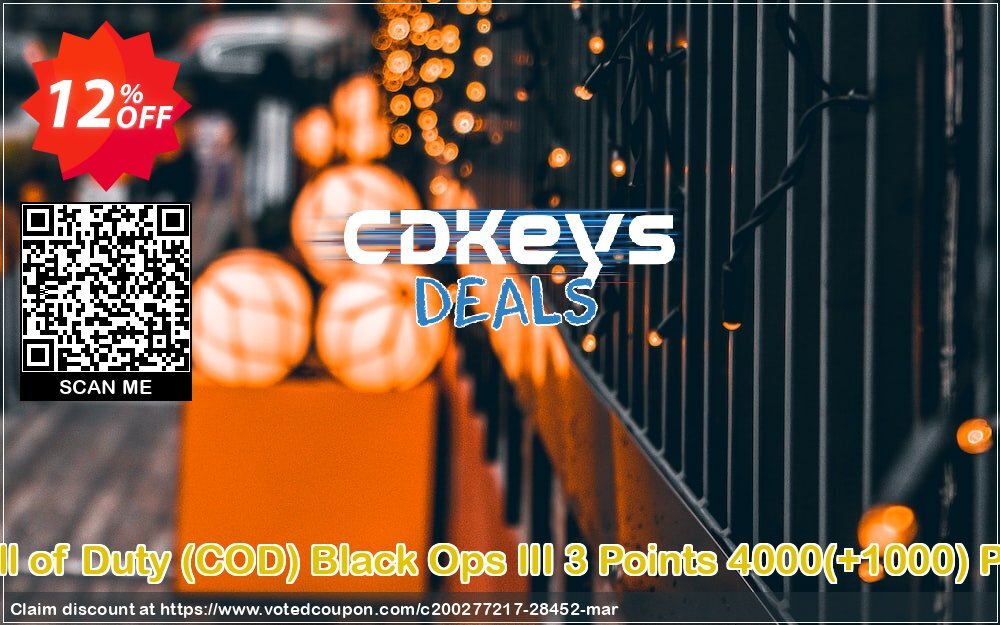 Call of Duty, COD Black Ops III 3 Points 4000, +1000 PS4 Coupon, discount Call of Duty (COD) Black Ops III 3 Points 4000(+1000) PS4 Deal. Promotion: Call of Duty (COD) Black Ops III 3 Points 4000(+1000) PS4 Exclusive Easter Sale offer 