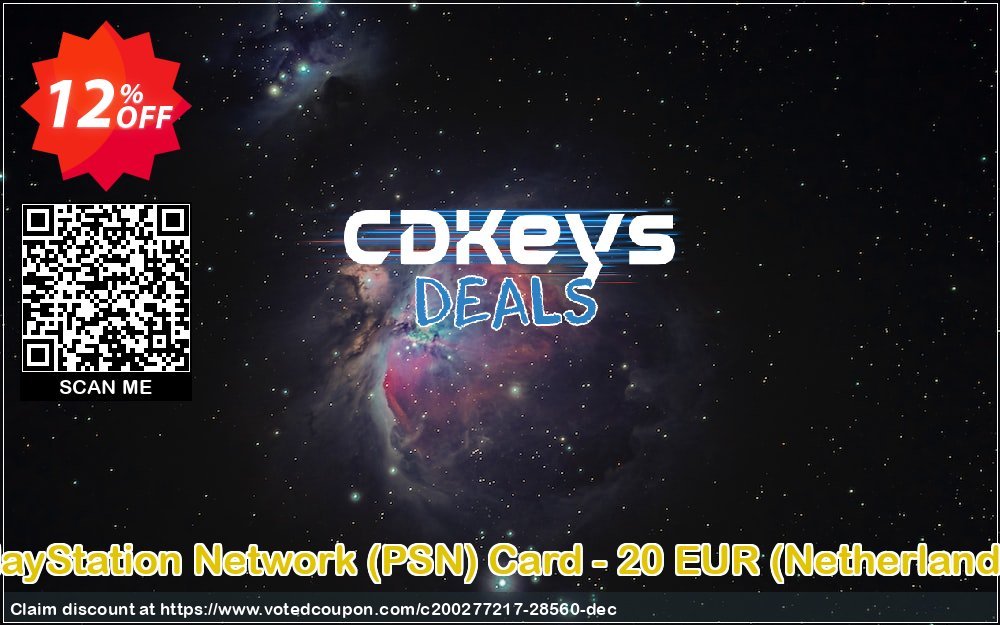 PS Network, PSN Card - 20 EUR, Netherlands  Coupon, discount PlayStation Network (PSN) Card - 20 EUR (Netherlands) Deal. Promotion: PlayStation Network (PSN) Card - 20 EUR (Netherlands) Exclusive Easter Sale offer 