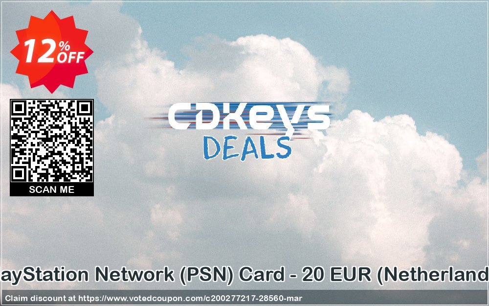 PS Network, PSN Card - 20 EUR, Netherlands  Coupon, discount PlayStation Network (PSN) Card - 20 EUR (Netherlands) Deal. Promotion: PlayStation Network (PSN) Card - 20 EUR (Netherlands) Exclusive Easter Sale offer 