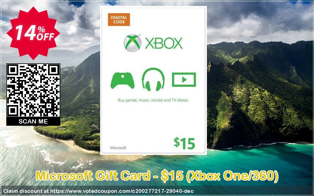 Microsoft Gift Card - $15, Xbox One/360  Coupon, discount Microsoft Gift Card - $15 (Xbox One/360) Deal. Promotion: Microsoft Gift Card - $15 (Xbox One/360) Exclusive Easter Sale offer 