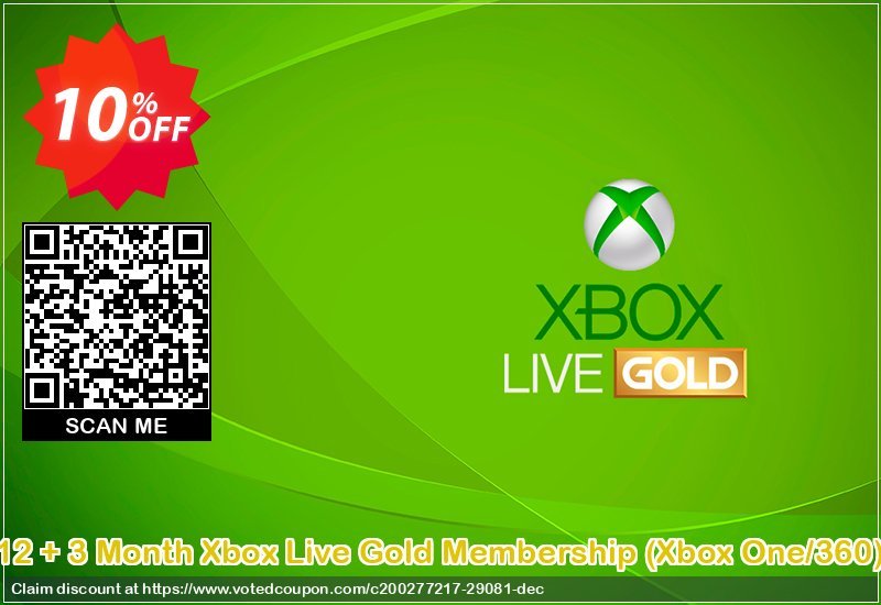 12 + 3 Month Xbox Live Gold Membership, Xbox One/360  Coupon, discount 12 + 3 Month Xbox Live Gold Membership (Xbox One/360) Deal. Promotion: 12 + 3 Month Xbox Live Gold Membership (Xbox One/360) Exclusive Easter Sale offer 
