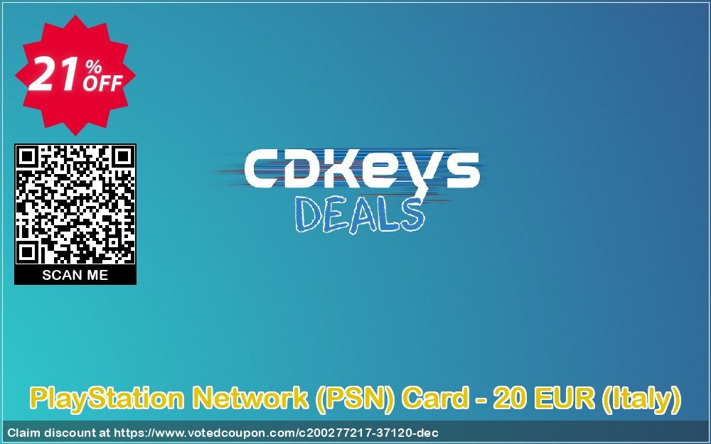 PS Network, PSN Card - 20 EUR, Italy  Coupon, discount PlayStation Network (PSN) Card - 20 EUR (Italy) Deal 2024 CDkeys. Promotion: PlayStation Network (PSN) Card - 20 EUR (Italy) Exclusive Sale offer 