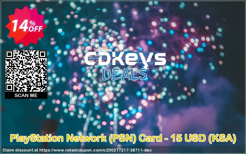 PS Network, PSN Card - 15 USD, KSA  Coupon, discount PlayStation Network (PSN) Card - 15 USD (KSA) Deal 2024 CDkeys. Promotion: PlayStation Network (PSN) Card - 15 USD (KSA) Exclusive Sale offer 