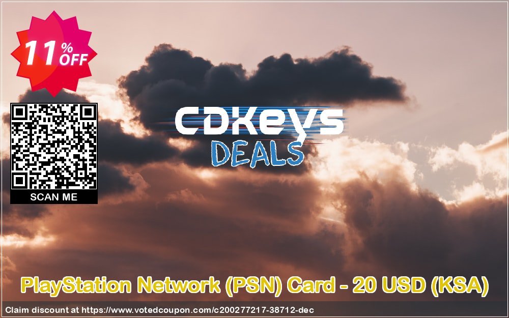 PS Network, PSN Card - 20 USD, KSA  Coupon, discount PlayStation Network (PSN) Card - 20 USD (KSA) Deal 2024 CDkeys. Promotion: PlayStation Network (PSN) Card - 20 USD (KSA) Exclusive Sale offer 