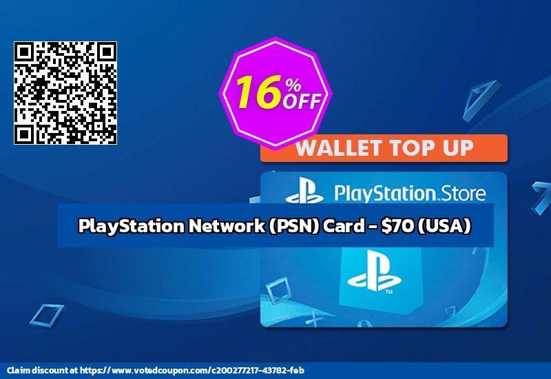 PS Network, PSN Card - $70, USA  Coupon, discount PlayStation Network (PSN) Card - $70 (USA) Deal CDkeys. Promotion: PlayStation Network (PSN) Card - $70 (USA) Exclusive Sale offer