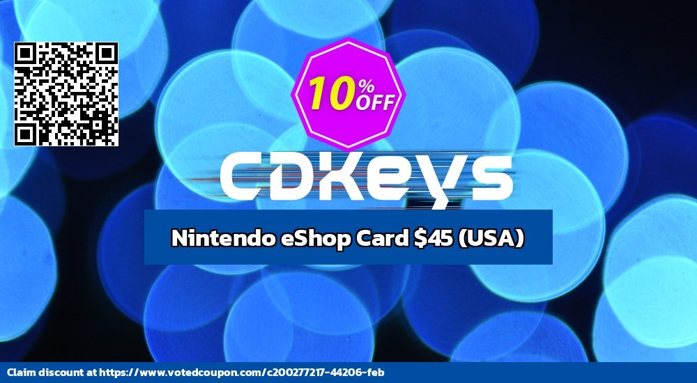 Nintendo eShop Card $45, USA  Coupon, discount Nintendo eShop Card $45 (USA) Deal CDkeys. Promotion: Nintendo eShop Card $45 (USA) Exclusive Sale offer