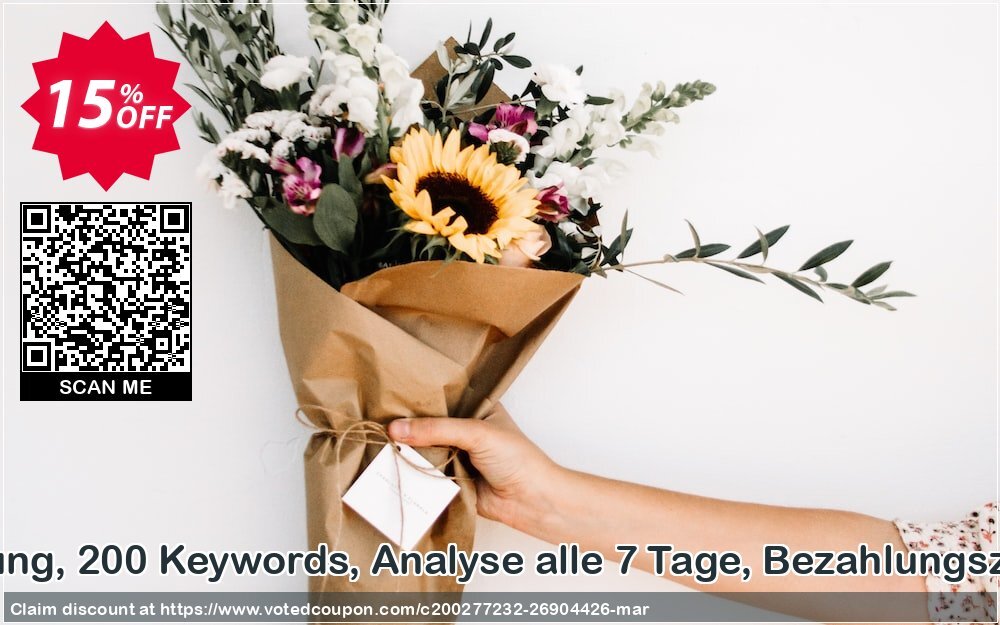 SEO-Dienstleistung, 200 Keywords, Analyse alle 7 Tage, Bezahlungszeitraum 1 Monat Coupon Code Apr 2024, 15% OFF - VotedCoupon