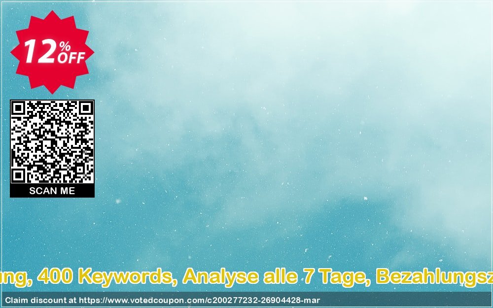 SEO-Dienstleistung, 400 Keywords, Analyse alle 7 Tage, Bezahlungszeitraum 1 Monat Coupon Code Apr 2024, 12% OFF - VotedCoupon