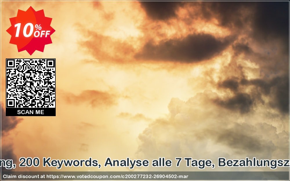 SEO-Dienstleistung, 200 Keywords, Analyse alle 7 Tage, Bezahlungszeitraum 6 Monate Coupon Code May 2024, 10% OFF - VotedCoupon