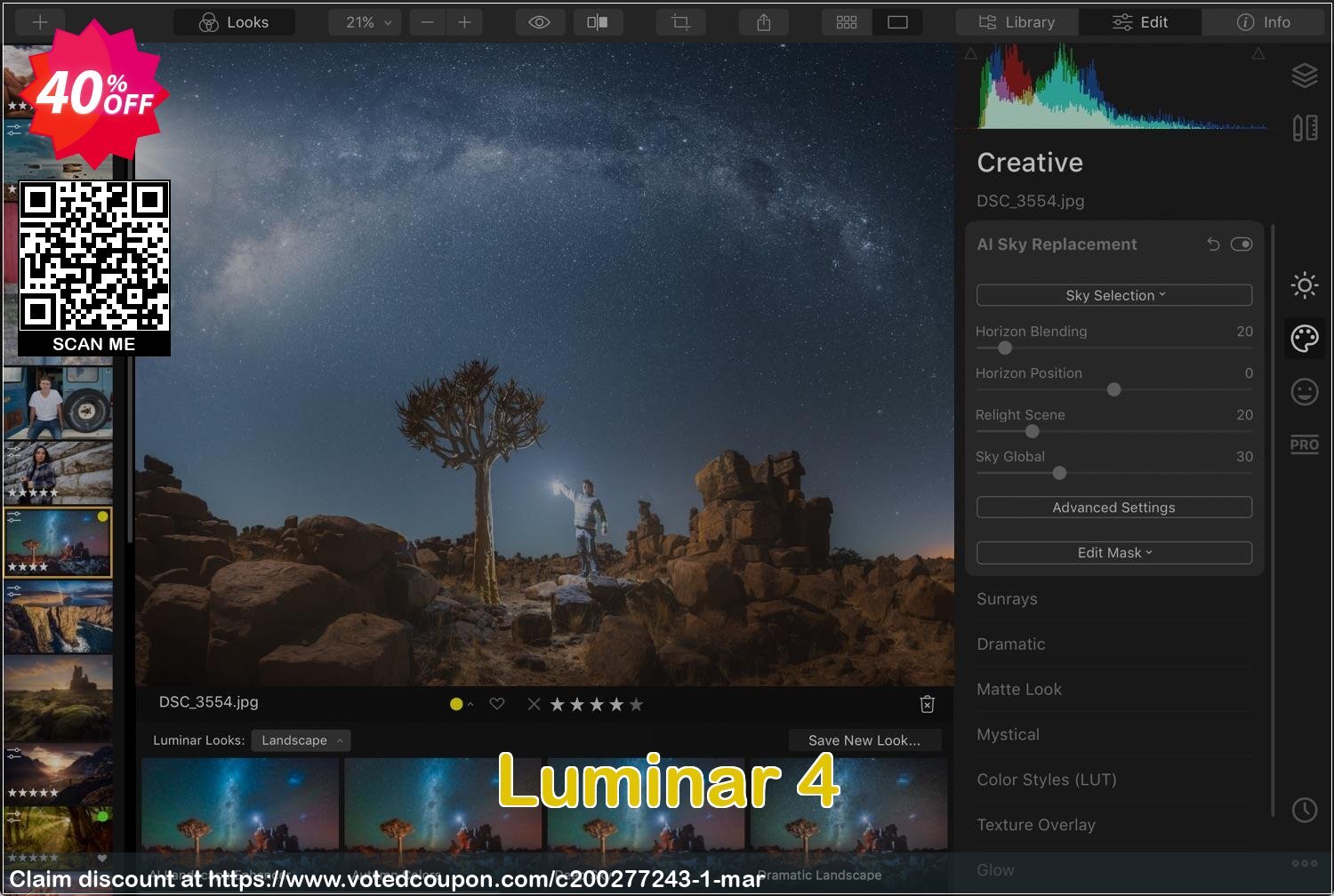 Luminar 4 Coupon, discount Black Friday Offer (LIVE NOW). Promotion: Imposing discount code of Luminar, tested in January 2024