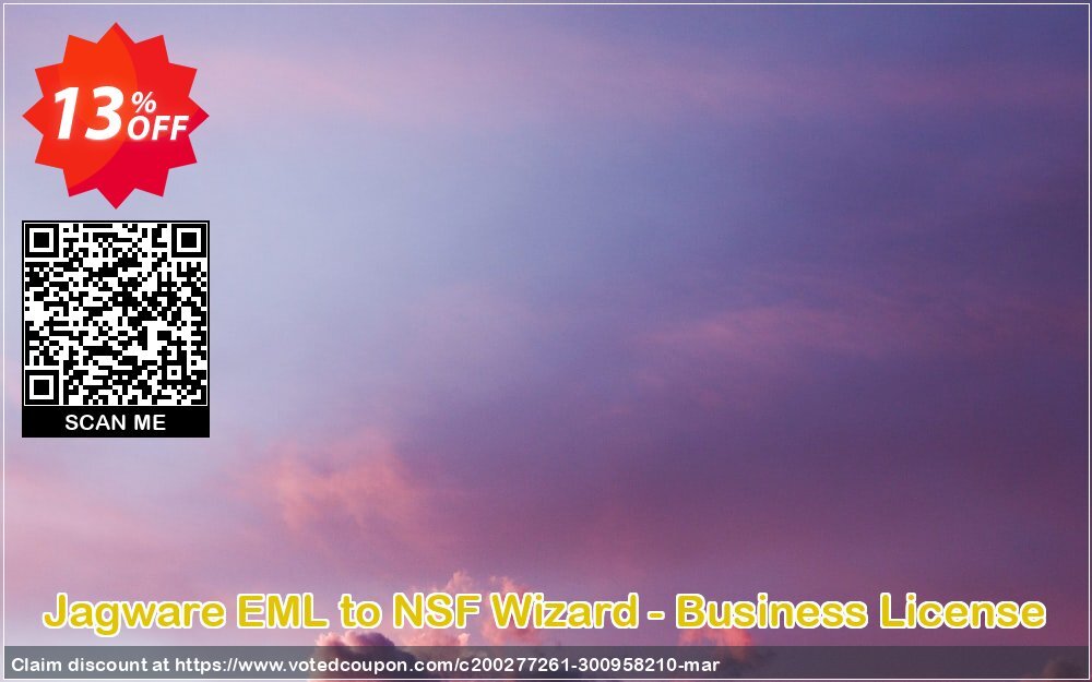 Jagware EML to NSF Wizard - Business Plan Coupon, discount Coupon code Jagware EML to NSF Wizard - Business License. Promotion: Jagware EML to NSF Wizard - Business License offer from Jagware Software