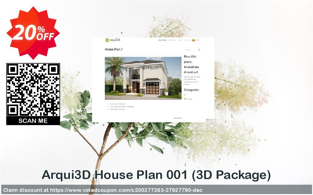 Arqui3D House Plan 001, 3D Package  Coupon, discount 20% off Plan1. Promotion: Big offer code of House Plan 001 (3D Package) 2023