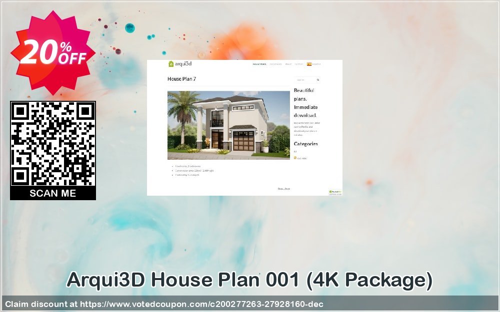 Arqui3D House Plan 001, 4K Package  Coupon, discount 20% off Plan1. Promotion: Special deals code of House Plan 001 (4K Package) 2023