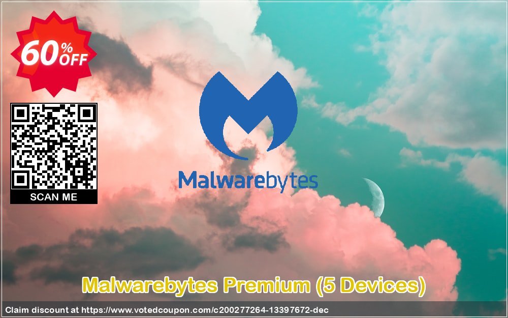 Malwarebytes Premium, 5 Devices  Coupon, discount 60% OFF Malwarebytes Premium (5 Devices), verified. Promotion: Stunning discount code of Malwarebytes Premium (5 Devices), tested & approved