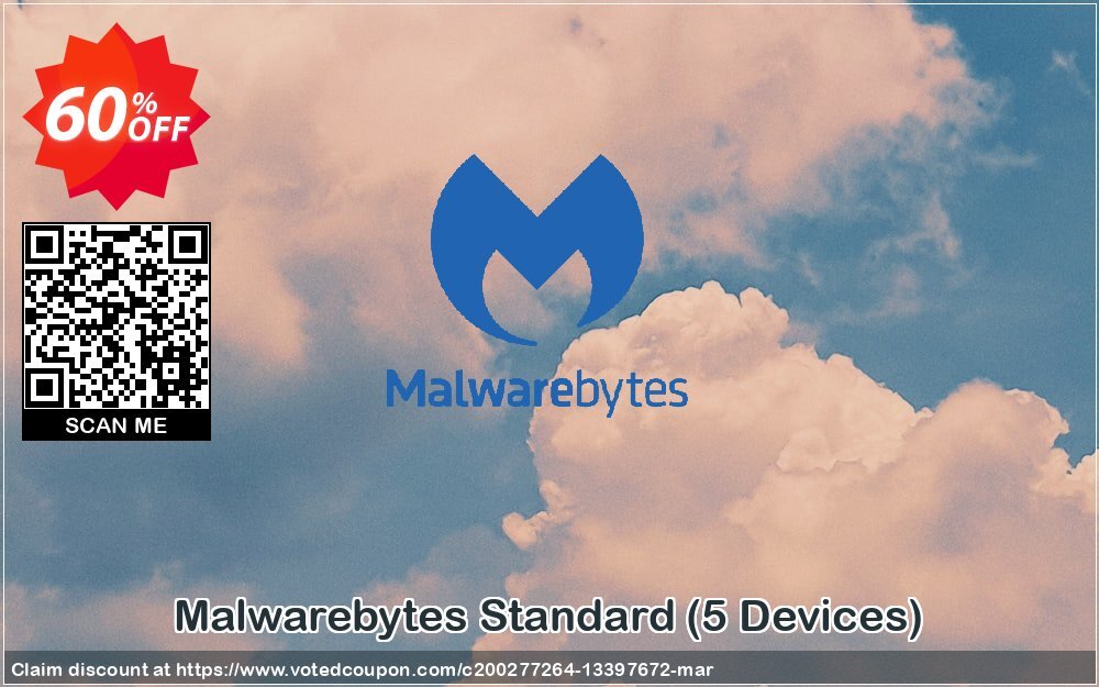 Malwarebytes Standard, 5 Devices  Coupon, discount 60% OFF Malwarebytes Premium (5 Devices), verified. Promotion: Stunning discount code of Malwarebytes Premium (5 Devices), tested & approved