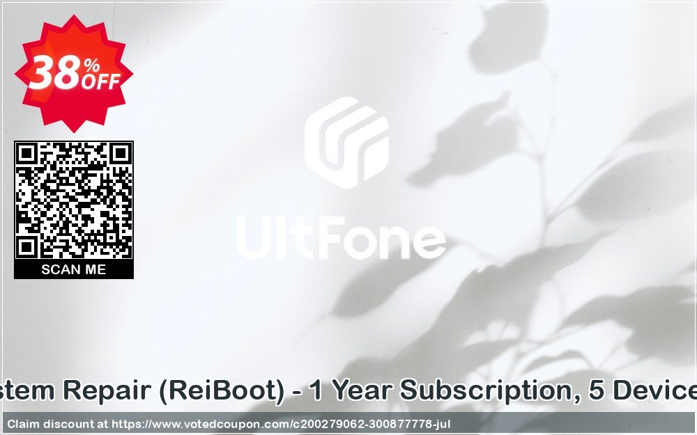 UltFone iOS System Repair, ReiBoot - Yearly Subscription, 5 Devices, 1 PC Coupon, discount Coupon code iOS System Repair (ReiBoot) - 1 Year Subscription, 5 Devices, 1 PC. Promotion: iOS System Repair (ReiBoot) - 1 Year Subscription, 5 Devices, 1 PC offer from UltFone