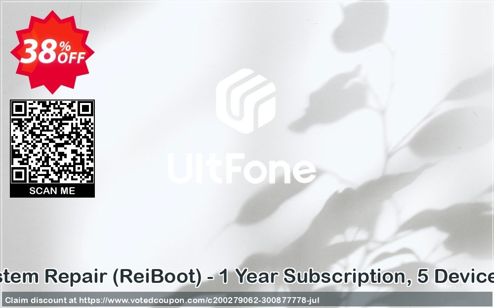 UltFone iOS System Repair, ReiBoot - Yearly Subscription, 5 Devices, 1 PC voted-on promotion codes