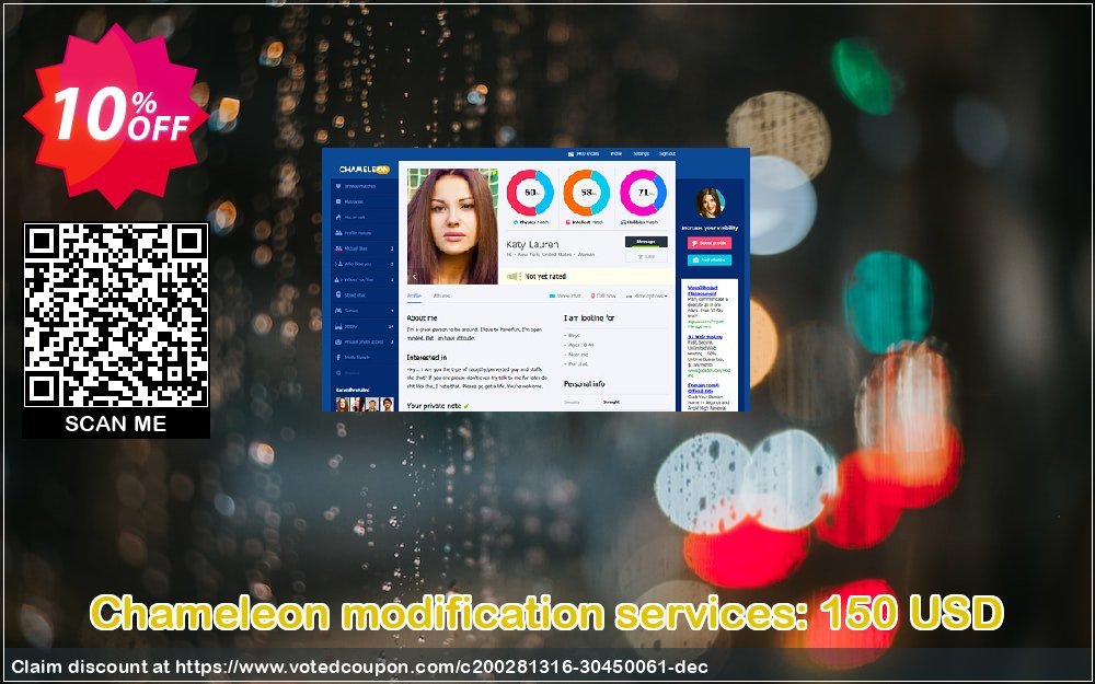 Chameleon modification services: 150 USD Coupon, discount Chameleon modification services: 150 USD Staggering sales code 2024. Promotion: Staggering sales code of Chameleon modification services: 150 USD 2024