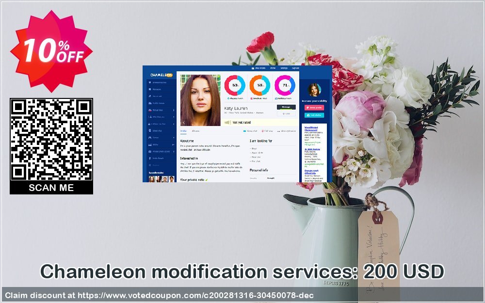 Chameleon modification services: 200 USD Coupon, discount Chameleon modification services: 200 USD Special discount code 2024. Promotion: Special discount code of Chameleon modification services: 200 USD 2024