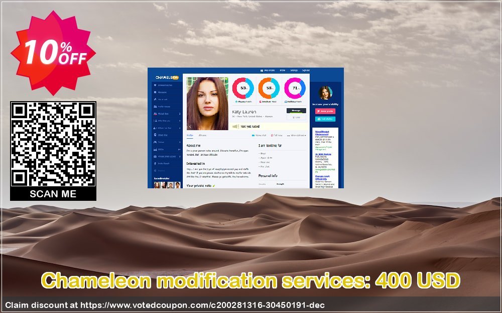 Chameleon modification services: 400 USD Coupon, discount Chameleon modification services: 400 USD Big promo code 2024. Promotion: Big promo code of Chameleon modification services: 400 USD 2024