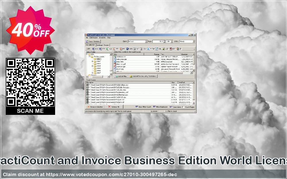 PractiCount and Invoice Business Edition World Plan Coupon, discount Coupon code PractiCount and Invoice (Business Edition - World License) - 40% OFF. Promotion: PractiCount and Invoice (Business Edition - World License) - 40% OFF offer from Practiline