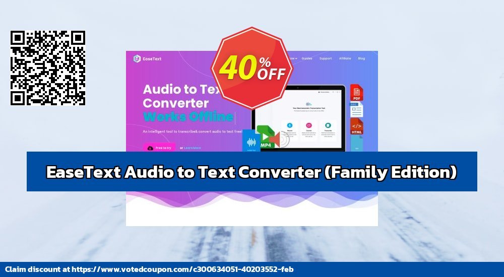 EaseText Audio to Text Converter, Family Edition  Coupon, discount EaseText Audio to Text Converter for Windows (Family Edition) Wondrous discount code 2023. Promotion: Wondrous discount code of EaseText Audio to Text Converter for Windows (Family Edition) 2023