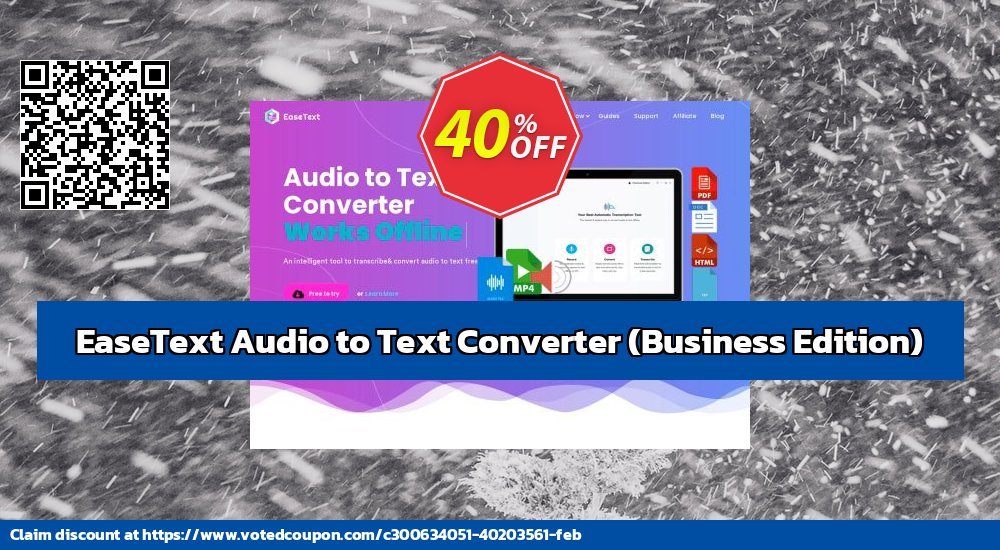 EaseText Audio to Text Converter, Business Edition  Coupon, discount EaseText Audio to Text Converter for Windows (Business Edition) Exclusive discounts code 2024. Promotion: Exclusive discounts code of EaseText Audio to Text Converter for Windows (Business Edition) 2024