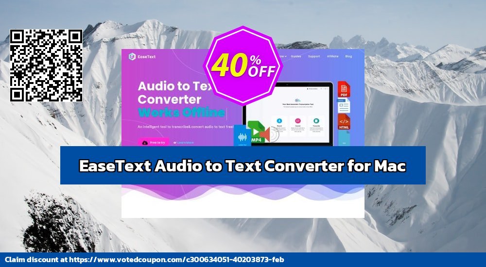 EaseText Audio to Text Converter for MAC Coupon, discount EaseText Audio to Text Converter for Mac (Personal Edition)  Marvelous offer code 2023. Promotion: Marvelous offer code of EaseText Audio to Text Converter for Mac (Personal Edition)  2023