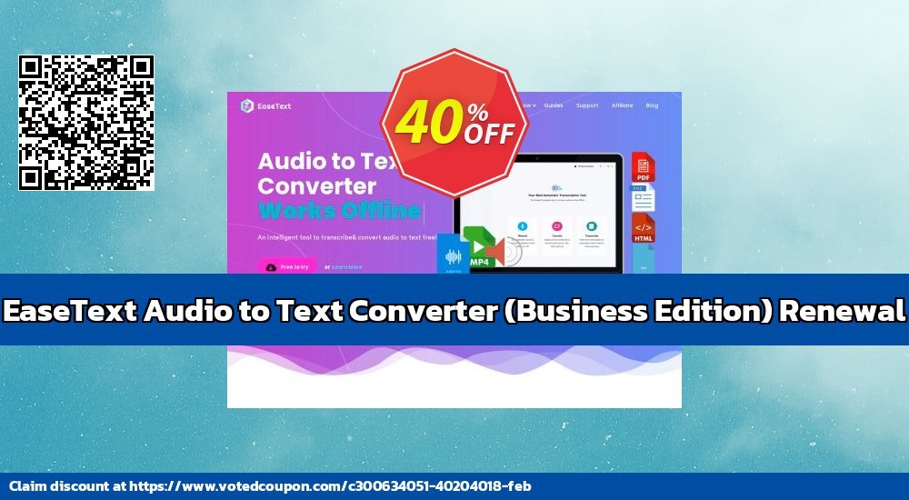 EaseText Audio to Text Converter, Business Edition Renewal Coupon, discount EaseText Audio to Text Converter for Windows (Business Edition) - Renewal Big sales code 2023. Promotion: Big sales code of EaseText Audio to Text Converter for Windows (Business Edition) - Renewal 2023