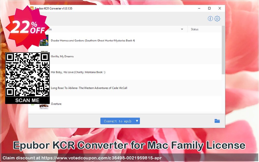 Epubor KCR Converter for MAC Family Plan Coupon, discount Epubor KCR Converter for Mac big sales code 2024. Promotion: big sales code of Epubor KCR Converter for Mac 2024