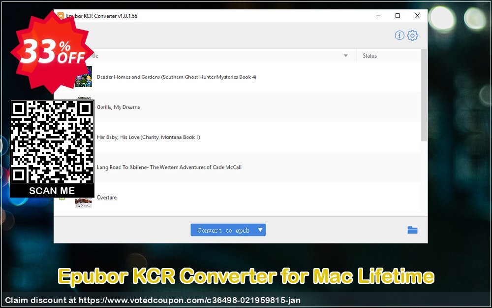 Epubor KCR Converter for MAC Lifetime Coupon, discount Epubor KCR Converter for Mac big sales code 2024. Promotion: big sales code of Epubor KCR Converter for Mac 2024