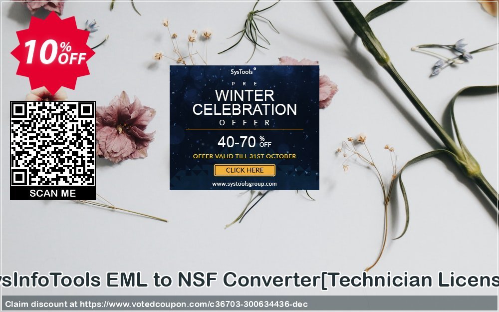SysInfoTools EML to NSF Converter/Technician Plan/ Coupon, discount Promotion code SysInfoTools EML to NSF Converter[Technician License]. Promotion: Offer SysInfoTools EML to NSF Converter[Technician License] special discount 