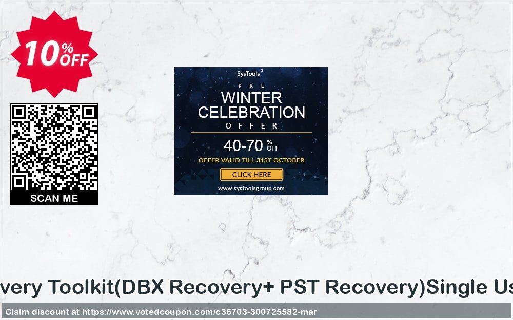 Email Recovery Toolkit, DBX Recovery+ PST Recovery Single User Plan Coupon, discount Promotion code Email Recovery Toolkit(DBX Recovery+ PST Recovery)Single User License. Promotion: Offer Email Recovery Toolkit(DBX Recovery+ PST Recovery)Single User License special discount 