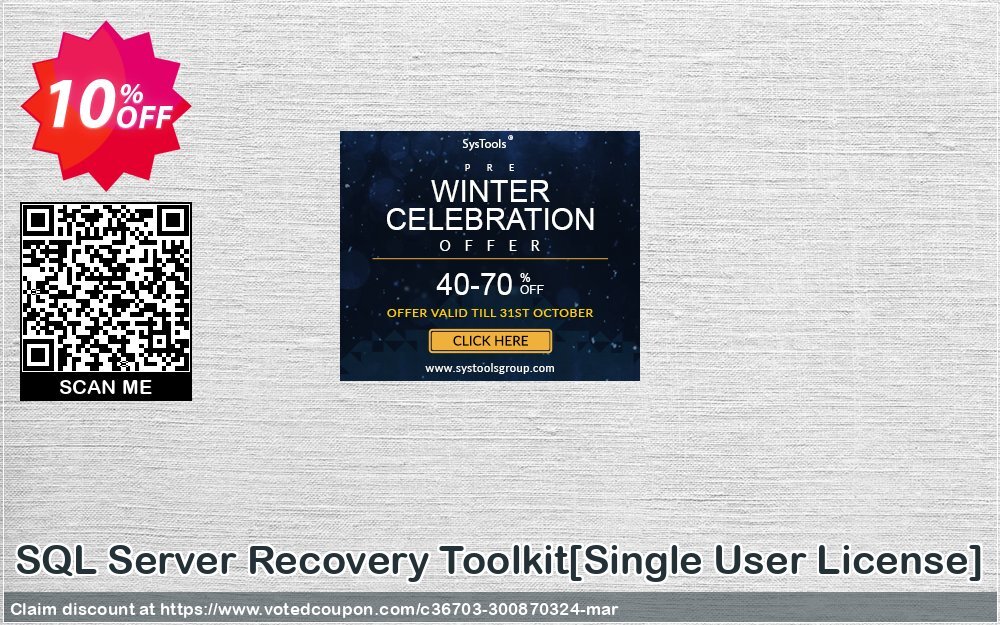 SQL Server Recovery Toolkit/Single User Plan/ Coupon, discount Promotion code SQL Server Recovery Toolkit[Single User License]. Promotion: Offer SQL Server Recovery Toolkit[Single User License] special discount 