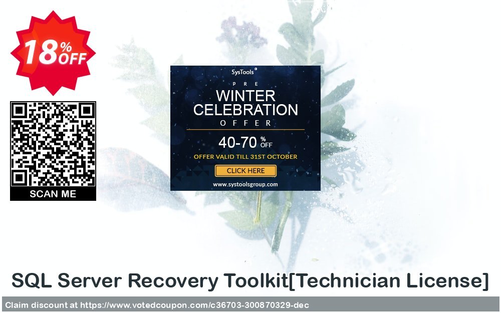 SQL Server Recovery Toolkit/Technician Plan/ Coupon, discount Promotion code SQL Server Recovery Toolkit[Technician License]. Promotion: Offer SQL Server Recovery Toolkit[Technician License] special discount 