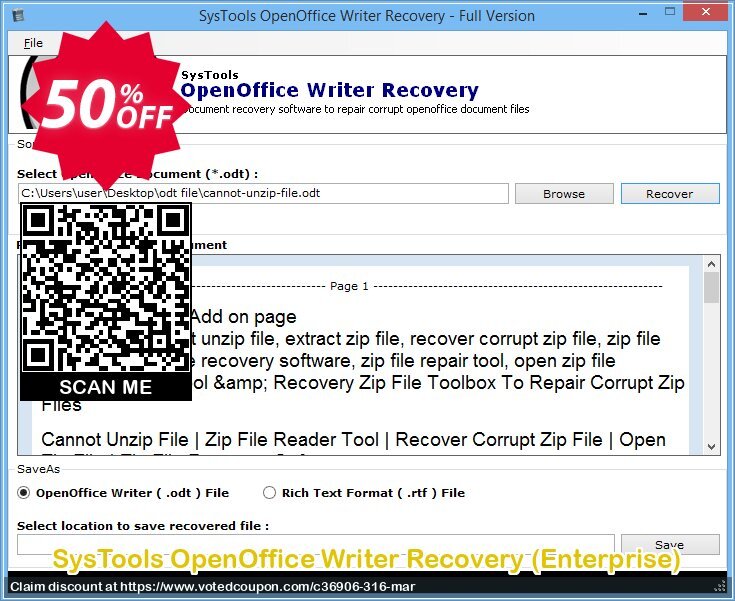 SysTools OpenOffice Writer Recovery, Enterprise  Coupon Code Apr 2024, 50% OFF - VotedCoupon