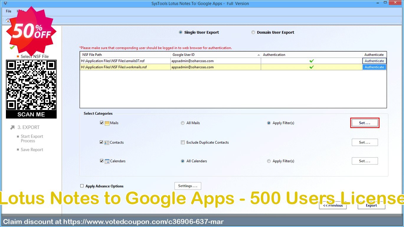 Lotus Notes to Google Apps - 500 Users Plan Coupon, discount SysTools Summer Sale. Promotion: 