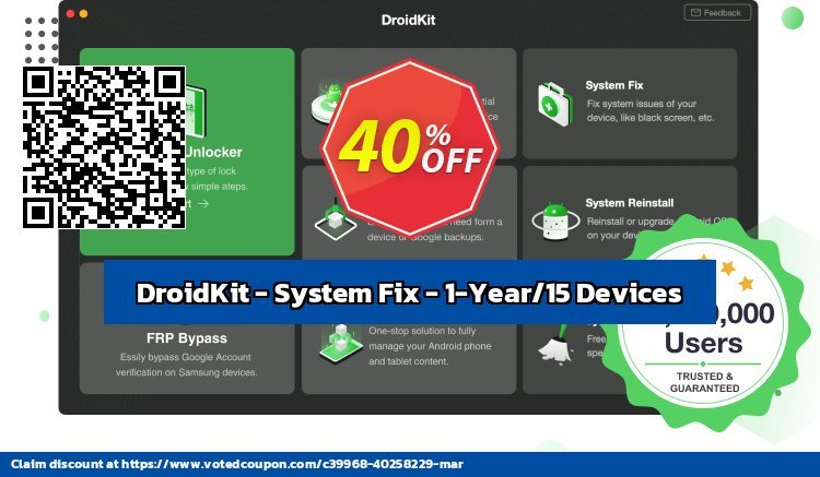 DroidKit - System Fix - 1-Year/15 Devices Coupon, discount DroidKit for Windows - System Fix - 1-Year Subscription/15 Devices Hottest promo code 2024. Promotion: Hottest promo code of DroidKit for Windows - System Fix - 1-Year Subscription/15 Devices 2024