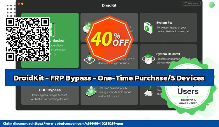 DroidKit - FRP Bypass - One-Time Purchase/5 Devices Coupon, discount DroidKit for Windows - FRP Bypass - One-Time Purchase/5 Devices Imposing discounts code 2024. Promotion: Imposing discounts code of DroidKit for Windows - FRP Bypass - One-Time Purchase/5 Devices 2024