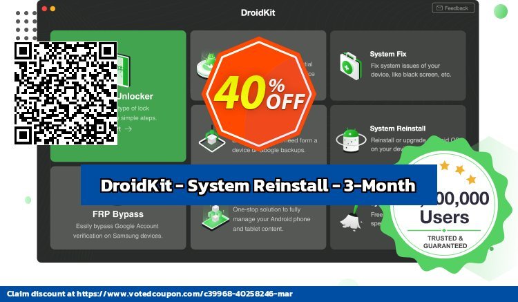 DroidKit - System Reinstall - 3-Month Coupon, discount DroidKit for Windows - System Reinstall - 3-Month Subscription/1 Device Awful sales code 2024. Promotion: Awful sales code of DroidKit for Windows - System Reinstall - 3-Month Subscription/1 Device 2024