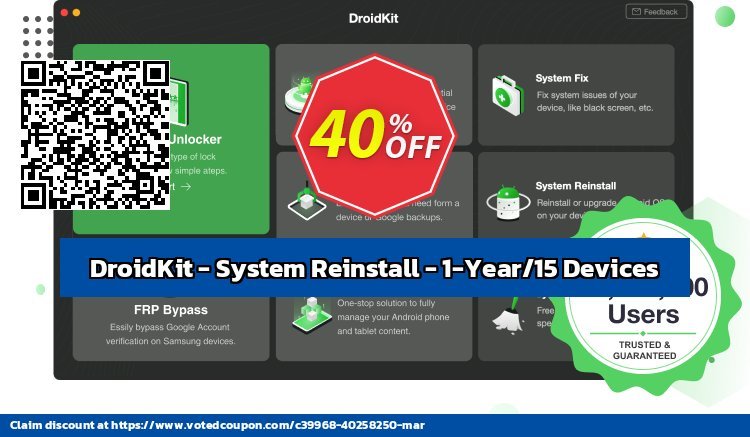 DroidKit - System Reinstall - 1-Year/15 Devices Coupon, discount DroidKit for Windows - System Reinstall - 1-Year Subscription/15 Devices Best promo code 2024. Promotion: Best promo code of DroidKit for Windows - System Reinstall - 1-Year Subscription/15 Devices 2024