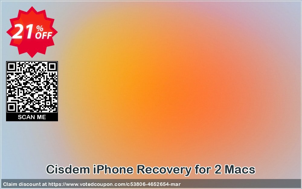 Cisdem iPhone Recovery for 2 MACs Coupon, discount Cisdem iPhoneRecovery for Mac - 1 Year License for 2 Macs dreaded sales code 2024. Promotion: dreaded sales code of Cisdem iPhoneRecovery for Mac - 1 Year License for 2 Macs 2024