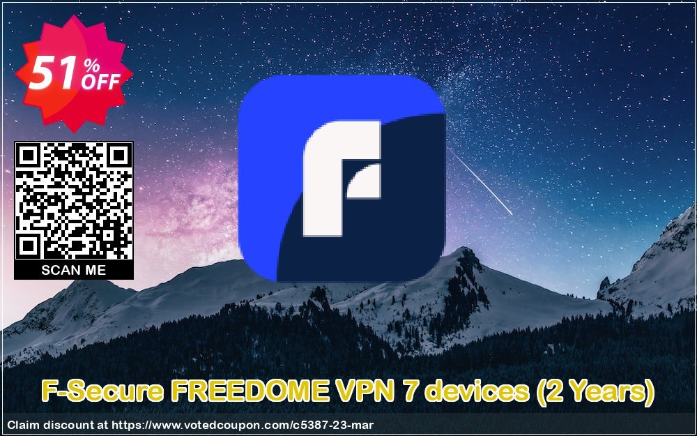 F-Secure FREEDOME VPN 7 devices, 2 Years  Coupon, discount 50% OFF F-Secure FREEDOME VPN 7 devices (2 Years), verified. Promotion: Imposing offer code of F-Secure FREEDOME VPN 7 devices (2 Years), tested & approved