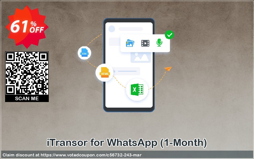 iTransor for WhatsApp, 1-Month  Coupon, discount 58% OFF iTransor for WhatsApp (1-Month), verified. Promotion: Awful offer code of iTransor for WhatsApp (1-Month), tested & approved