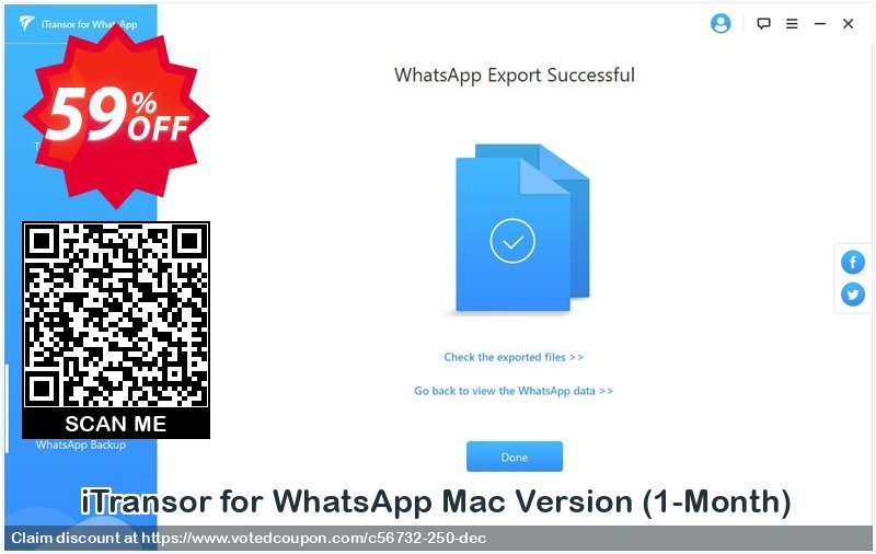 iTransor for WhatsApp MAC Version, 1-Month  Coupon, discount 58% OFF iTransor for WhatsApp Mac Version (1-Month), verified. Promotion: Awful offer code of iTransor for WhatsApp Mac Version (1-Month), tested & approved